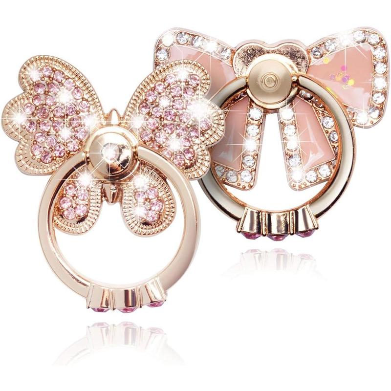 Finger Ring Stand Popsocket,2 Pack Luxury Glitter  Universal Metal Pop Socket for  15/14/13/12/11 Pro Max, Galaxy S24/S23/S22 Ultra, Finger Ring Grip Holder for All Smartphone, Pink/Bow