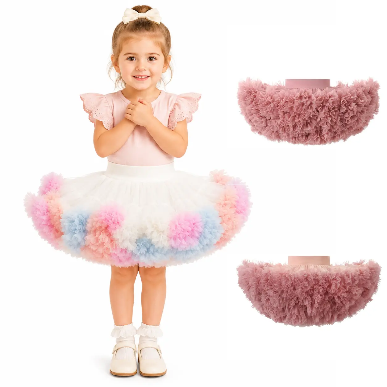 Girls Fluffy Tutu Skirt Toddler Baby Princess Pettiskirt, Puffy Layered Tulle Dance Skirt in Ice Cream Pastel Rainbow, Dusty Rose & Gradient Pink, Birthday Party Dress Up Photo Shoot Outfit, Cute Kids Costume Skirt,