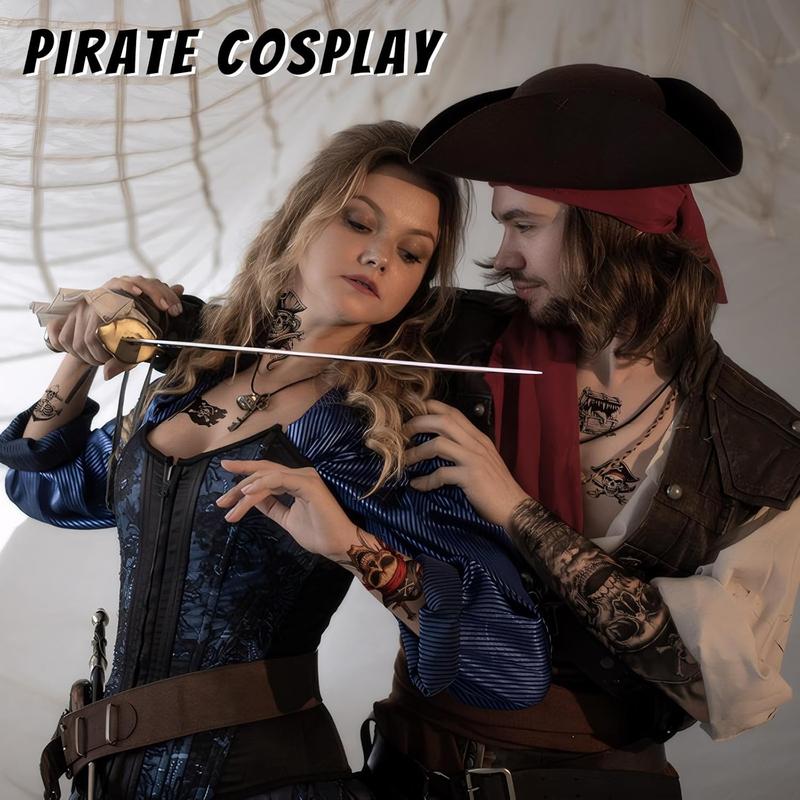 77 Sheets Pirate Temporary Tattoos Adult,Captain Anchor Compass Sailboat Tattoos, Pirate Ships Flag Skull Crossbones Sailor Fake Tattoo for Costume, Fake Arm Tattoos for Men Women Kids
