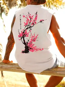 Men's Japanese Cherry Blossom Graphic Muscle Tank Top - Sakura Sleeveless Tee, Casual Streetwear for Beach & Daily Wear