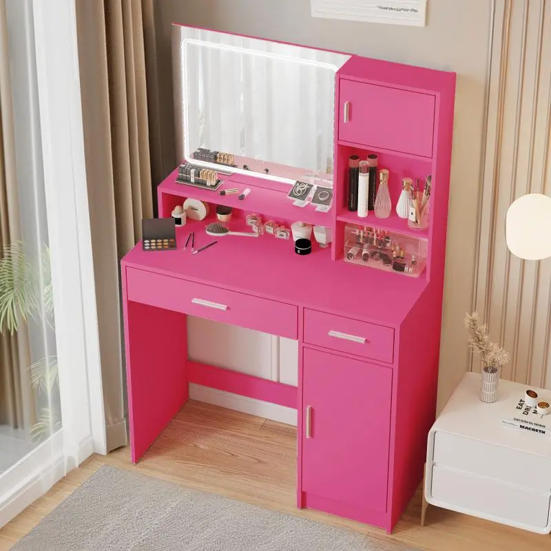 Bellemave Blush Pink Modern Makeup Vanity Desk - Indoor Furniture with LED Light Strip, 3 Lighting Modes, Adjustable Brightness, Mirror, Large Drawer, 3-Level Storage, Vanity Organization