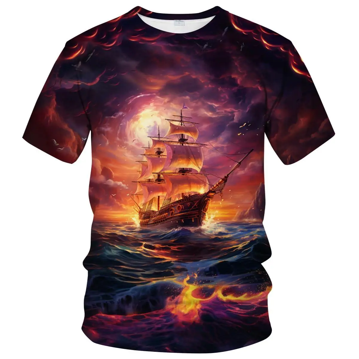 Women's Graphic T-Shirt, Vivid 3D Sailing Ship Sunset Print Short Sleeve Round Neck Top, Breathable Fabric Casual Summer Streetwear Tee, Graphic T Shirts
