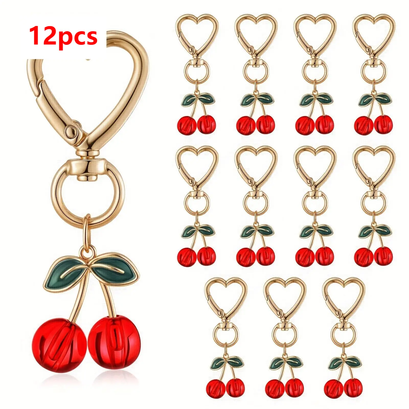 12-Pack Cute Cherry Alloy Keychain Charms, Fashion Transparent Fruit Bag Pendants for Women, Purses & Backpacks, Party Favors, Cherry Fruit, Female Bag, Kawaii Accessories, Cute Keychains