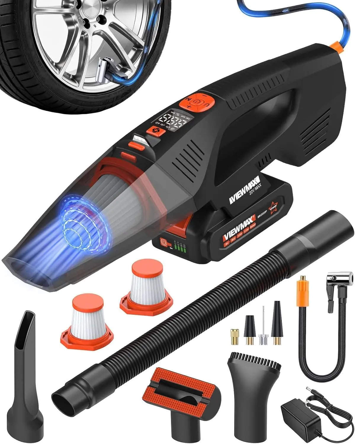 2-in-1 Cordless Car Vacuum and Tire Inflator - 20V Handheld Vacuum Cleaner & 150 PSI Air Pump, 18000Pa Powerful Suction, Portable Vac Air Compressor for Tires Pump and Car Cleaning Compact Hepa Filters