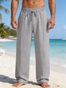 Unisex Linen Blend Casual Pants, Drawstring Waist, Textured, Breathable Fabric, Loose Fit, Beach Vacation & Daily Wear, Comfortable Long Pants