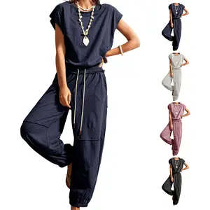 Mundoven Jumpsuits for Women Casual Crewneck Cap Sleeve Drawstring Romper Open-back One Piece Outfits with Pockets