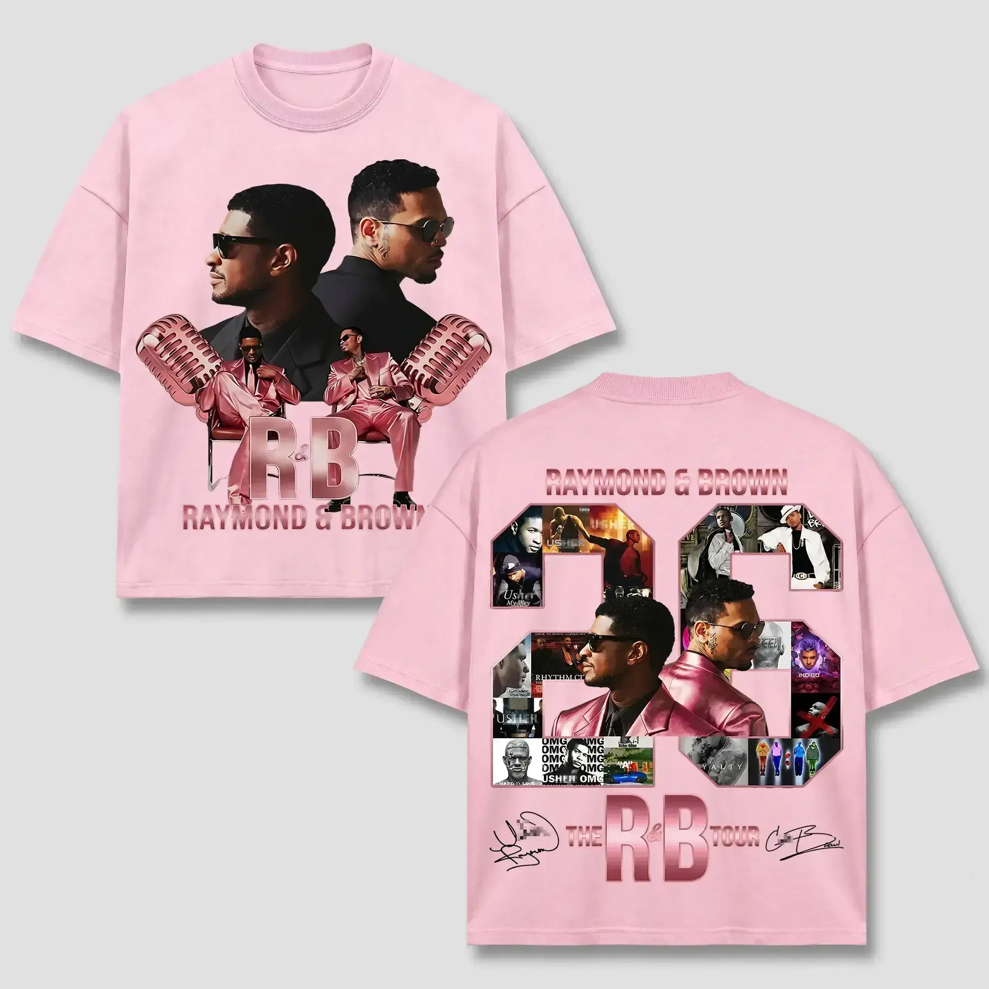 [FREE SHIP] Brown Raymond T-Shirt Pink, "Breezy" Raymond & Brown Tee, The R&B Tour 2026 Clothing, Pink Metallic Microphone Top, Retro 90s Block Number 26 Merch, Team Breezy Hip Hop Fan Gift