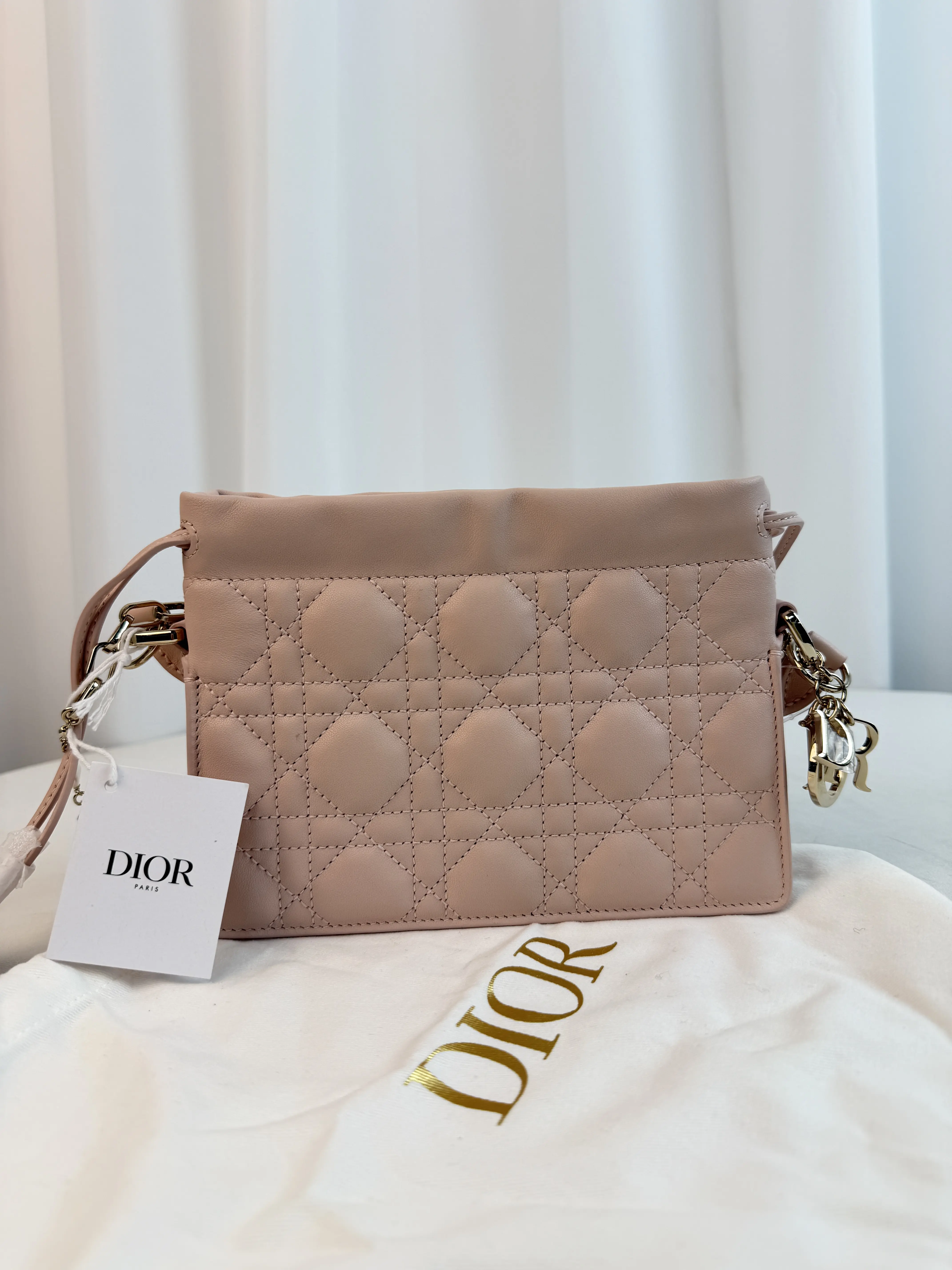 Pre-owned Dior Lambskin Shoulder Bags Lady Drawstring Pouch with Strap in Cannage Pouch Bag