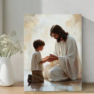 1pc, With ,  Christian Art, Jesus and Little Boy Praying, Jesus Christ and Boy, Modern Christian Painting, Modern Christian Art, Jesus Christ Painting Cotton Decor Religious Matte Minimalist Print Ornaments Wall wall decor posters