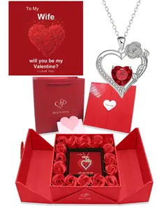 To My Wife Valentine's Day Gift  "Will You Be My Valentine?" 16 Pcs Preserved Rose Luxury Box  Heart Red Artificial Zircon Rose Pendant Love Heart Necklace  Gift Bag & Greeting Card