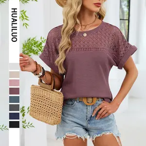 2026 Summer Knitwear Tops Women's Casual Round Neck Short Sleeve Eyelet Hollow Out Fitted Minimalist White Blouse Cute Tops for Women - Knitting, Basic, Womenswear, Shortsleeve,summervibes