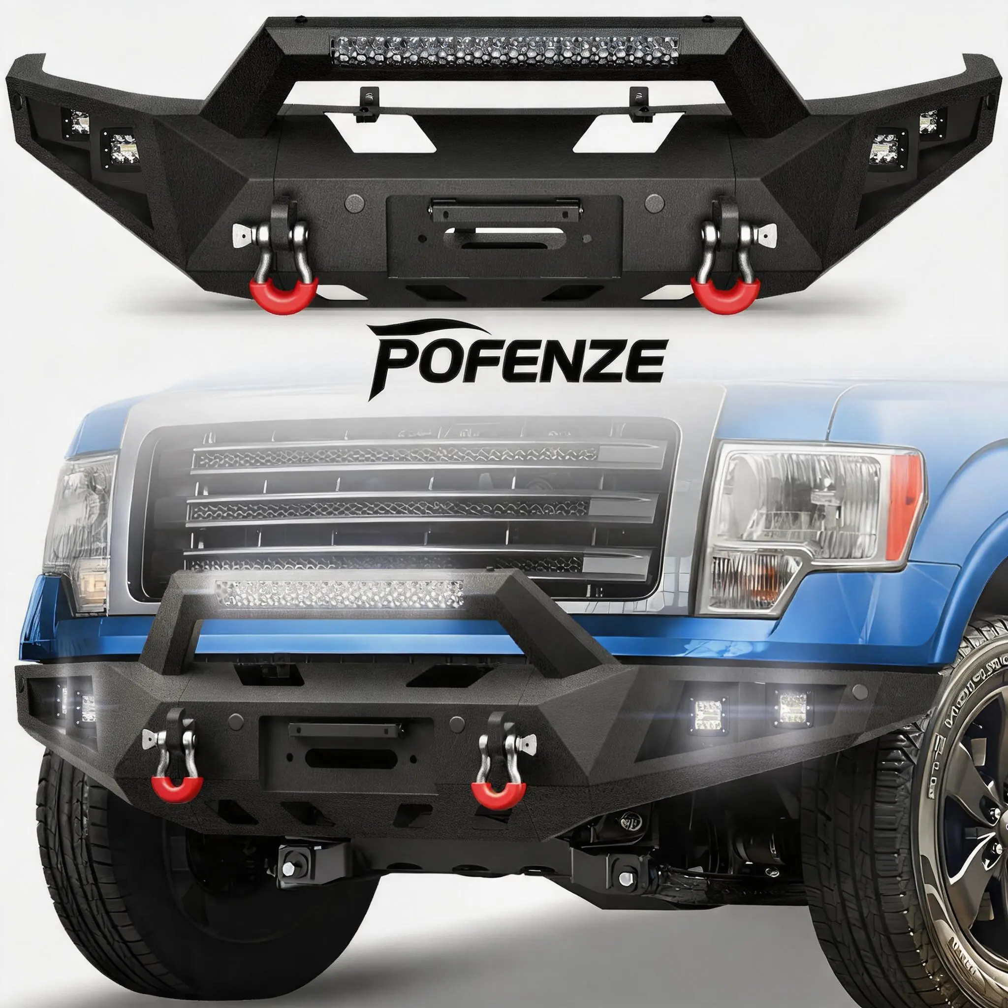 POFENZE-Mestan Functional Front Bumper for 2009-2014 Ford F150 (Excluding Raptor) - Auto Replacement Body Part with LED Lights, D-Rings, License Plate Bracket, Cargo Security for Ride Enhancement