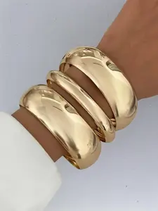 Elegant Wide Smooth Bracelet Set, Fashionable Versatile Exaggerated Design, 3-Piece Jewelry Collection, Layering, Stackable Bracelet, Perfect for Stylish