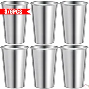 3/6pcs 16oz Metal Pint Cups, 304 Stainless Steel Tumblers, Shatterproof Cup Drinking Glasses, Stackable Durable Cup for Bar/Home/Restaurant/Outdoor/Picnic, Dishwasher Safe, Oktoberfest Essentials