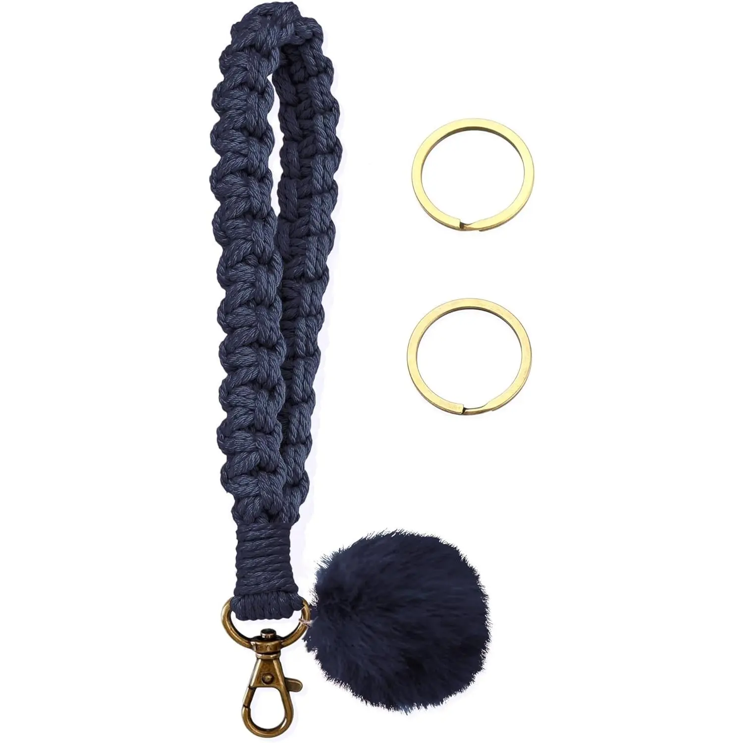 Keychain Wristlet, Woven Handmade Wrist Lanyard for Keys, Wrist Key Chains with 2 Keyrings for Women Car Keys ID Badges Card Wallet Phone, Dark Blue