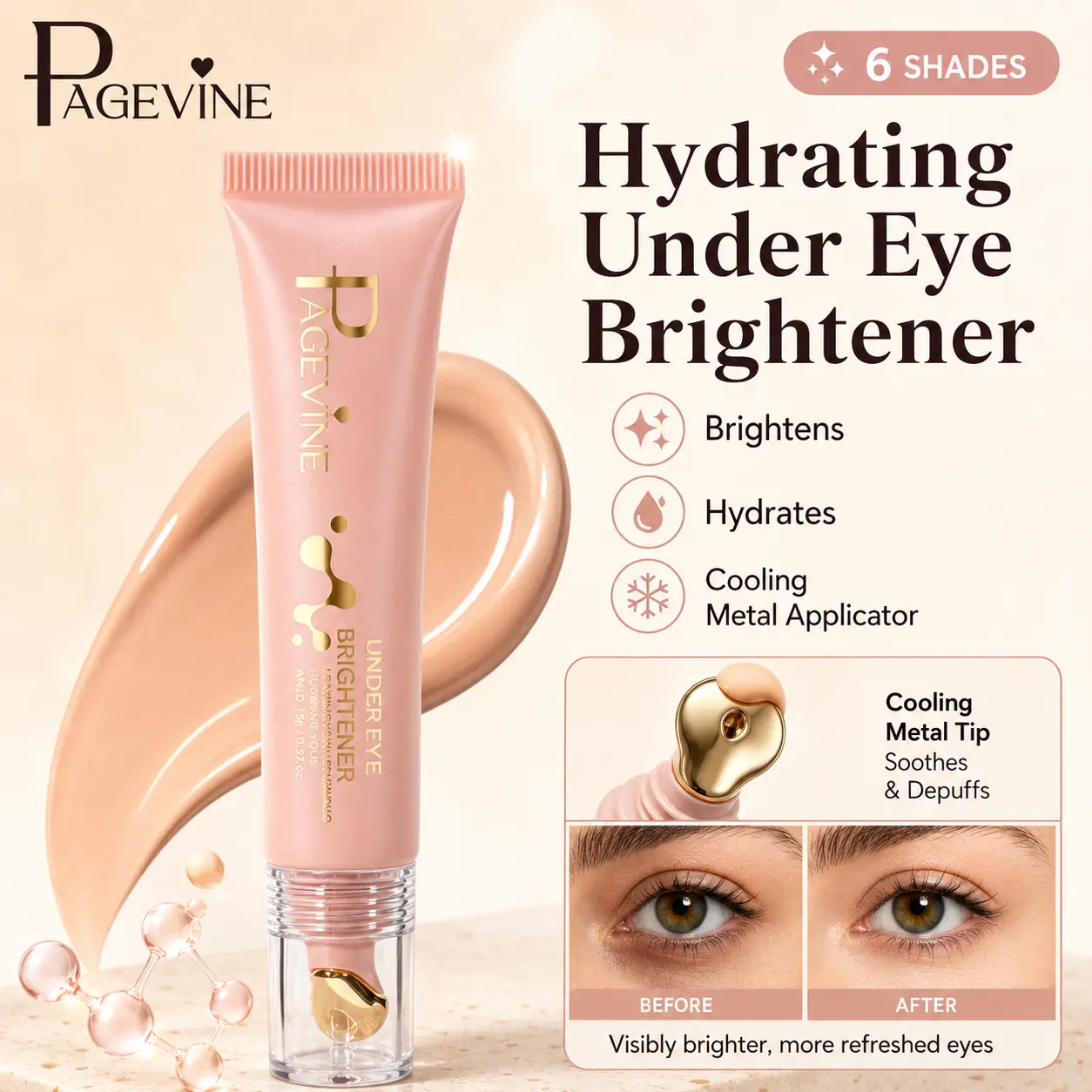 Hydrating Under Eye Concealer and Brightener, Lightweight Eye Corrector for Dark Circles with Cooling Metal Applicator, Luminous Natural Finish, 6 Shades Foundation Makeup