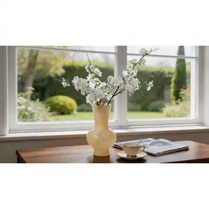 6-piece white artificial cherry blossom branches, realistic silk flower stems for home and wedding decor.   SURE