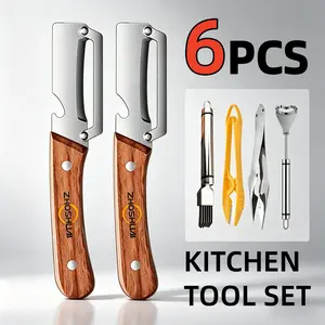 6PCS Wooden-Handled Vegetable & Fruit Peeler - Stainless Steel Blade with Built-In Bottle Opener, Ergonomic Kitchen Tool