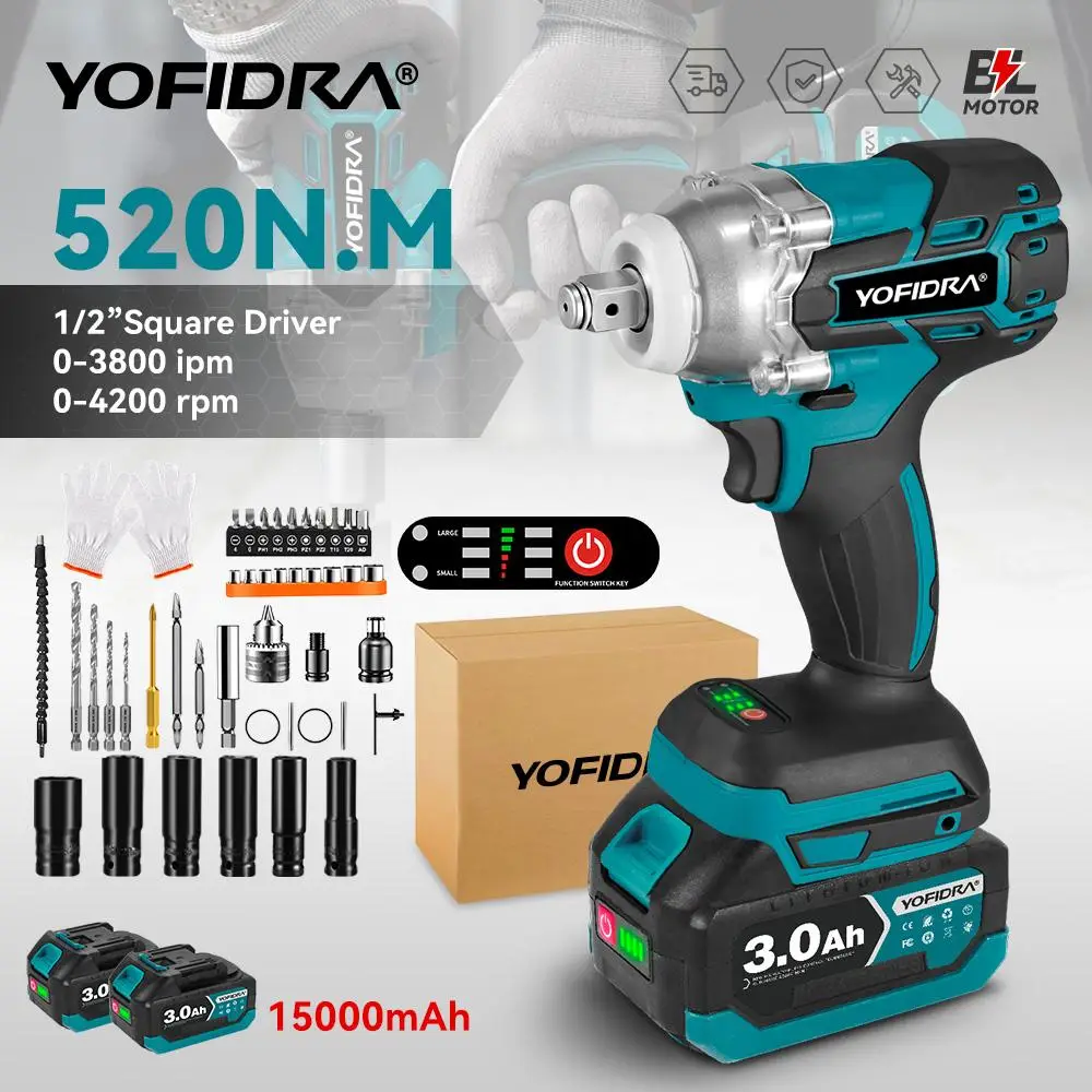 Yofidra Brushless 520N. M Cordless Electric Impact Screwdriver 1/2 Inch Electric Key Screwdriver Repair Tool for Battery 21V 18V Heavy Duty Handle