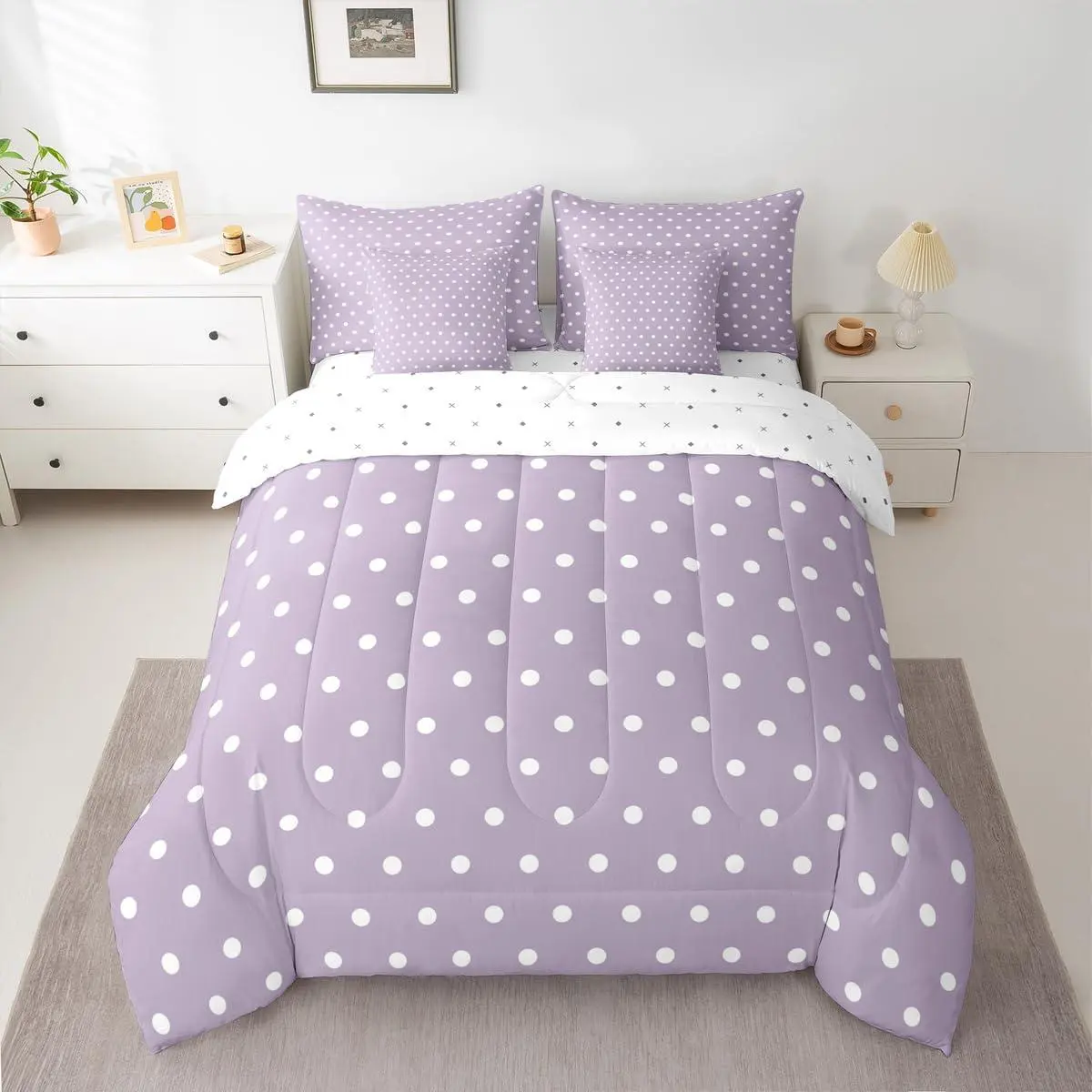 Purple White 7 Piece Bedding Set Polka Dots Comforter Set with Sheets,Pillowcases & Cushion Cover Abstract Bed in a Bag Breathable Soft Modern Room Decor