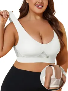 Plus Size Women's Breathable Bra, Wireless Ripped Design, Soft and Comfortable, Yoga Sports Bra, Summer Cool, Fitted Medium Support, Wirefree Sports Bra