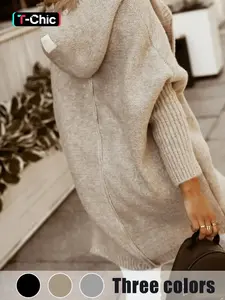 Women's Plain Basic Chunky Loose Open Front Hooded Knitted Cardigan Casual Batwing Sleeve Cardigan Outfits, Women Long Sleeve Knitwear for Fall & Winter, Womenswear, Knitted Cardigan Tops