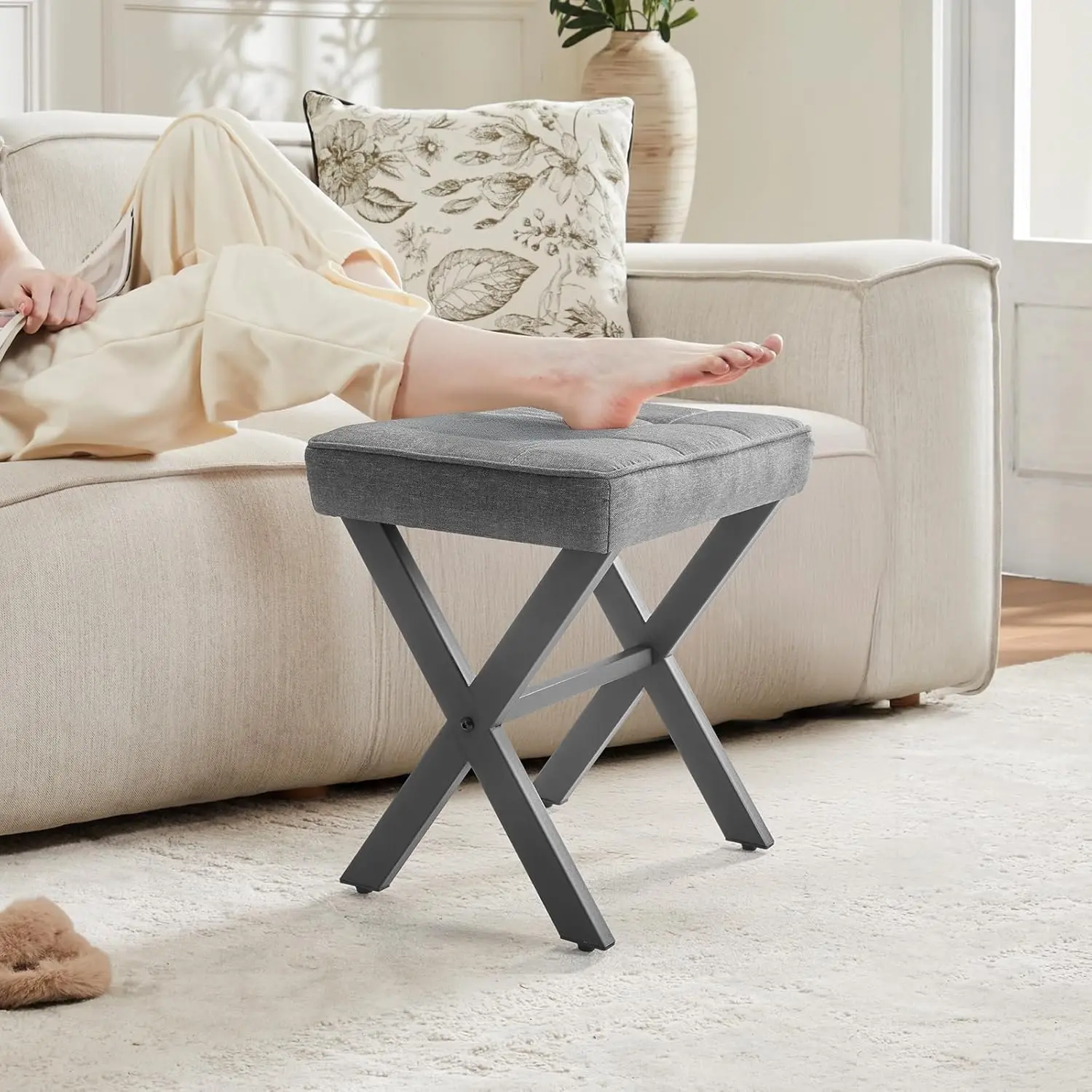 Square Linen Vanity Stool Ottoman with Metal X-Legs, Padded Makeup Stool, Multifunctional Small Footrest for Makeup Room, Living Room