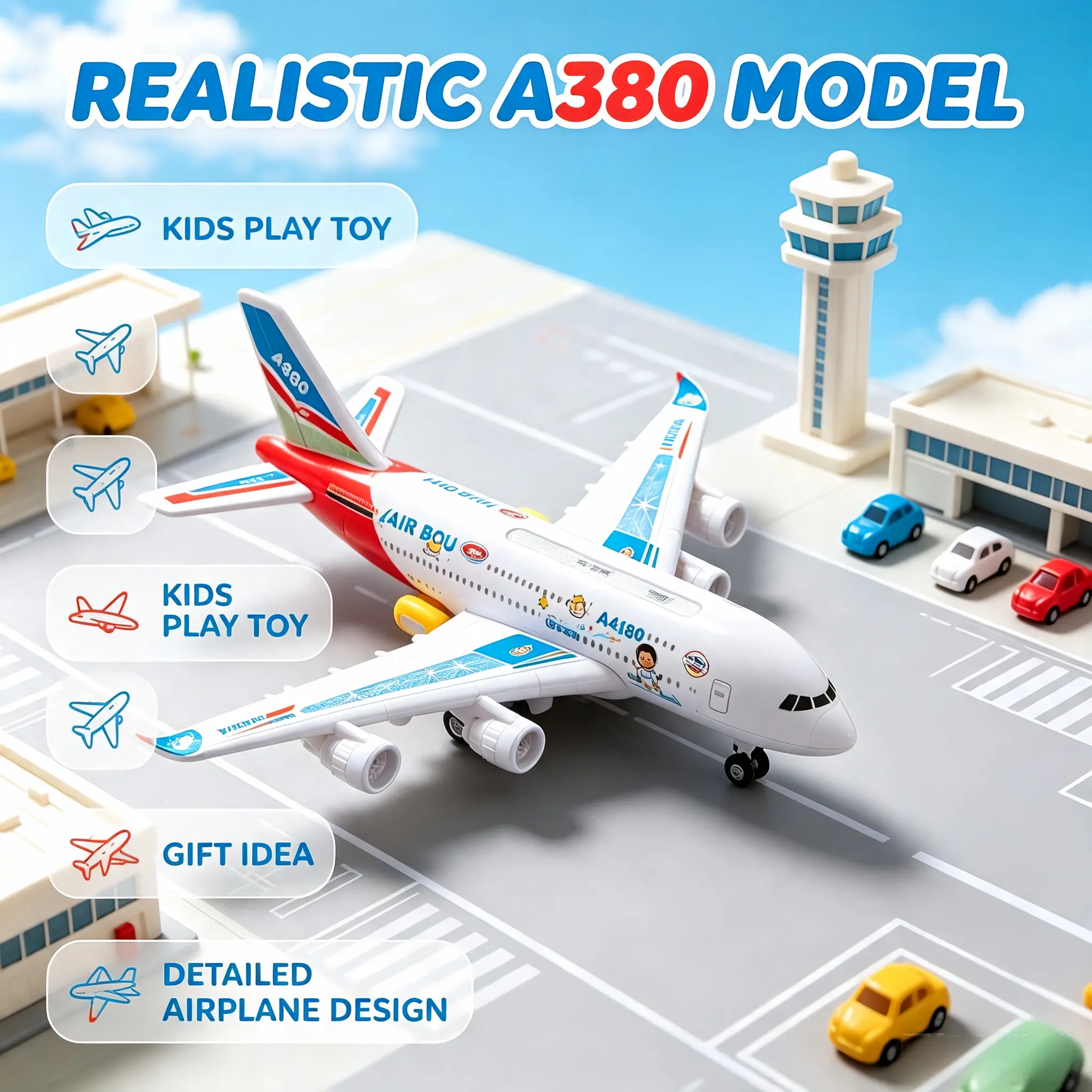 Unisex A380 Model Electric Light-Up RC Airplane Toy for 3-4 Year Old Kids - Bump & Go Auto Turn, Realistic Sounds, Transportation-Themed Aircraft