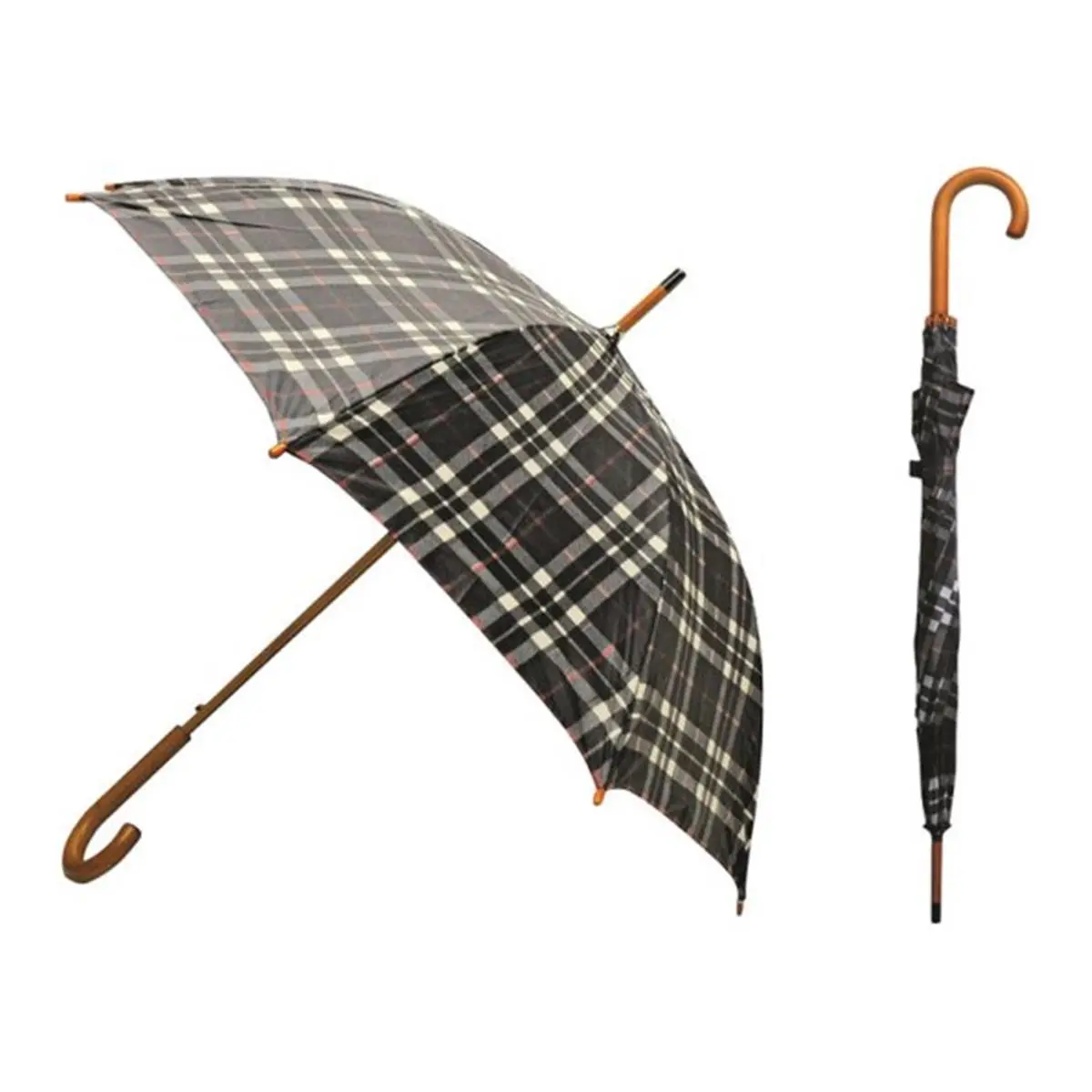 212 MAIN Classic Auto-Open Rain Umbrella - 46 in Black & Red Plywood Canopy, Nylon Fabric, Real Wooden Hook Handle, Model 48129, Home Use Automatic Umbrella