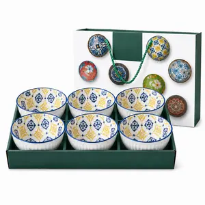 Blue Yellow Pattern Ceramic Bowls Set, Vintage Embossed Rice Soup Cereal Bowls, Glazed Kitchen Dinnerware for Home Dining