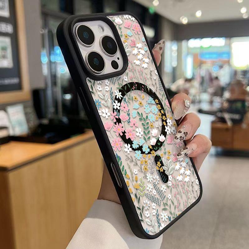 Chic Botanical Graphic Phone Case Hand-Drawn Style Pink, Blue & Yellow Wildflowers Paired With Lush Greenery Featuring Built-In Strong Magnet Ring Blending Smooth Macaron Texture With Secure Magsafe Compatibility For iPhone 17 16 15 14 13 12 11 X XS