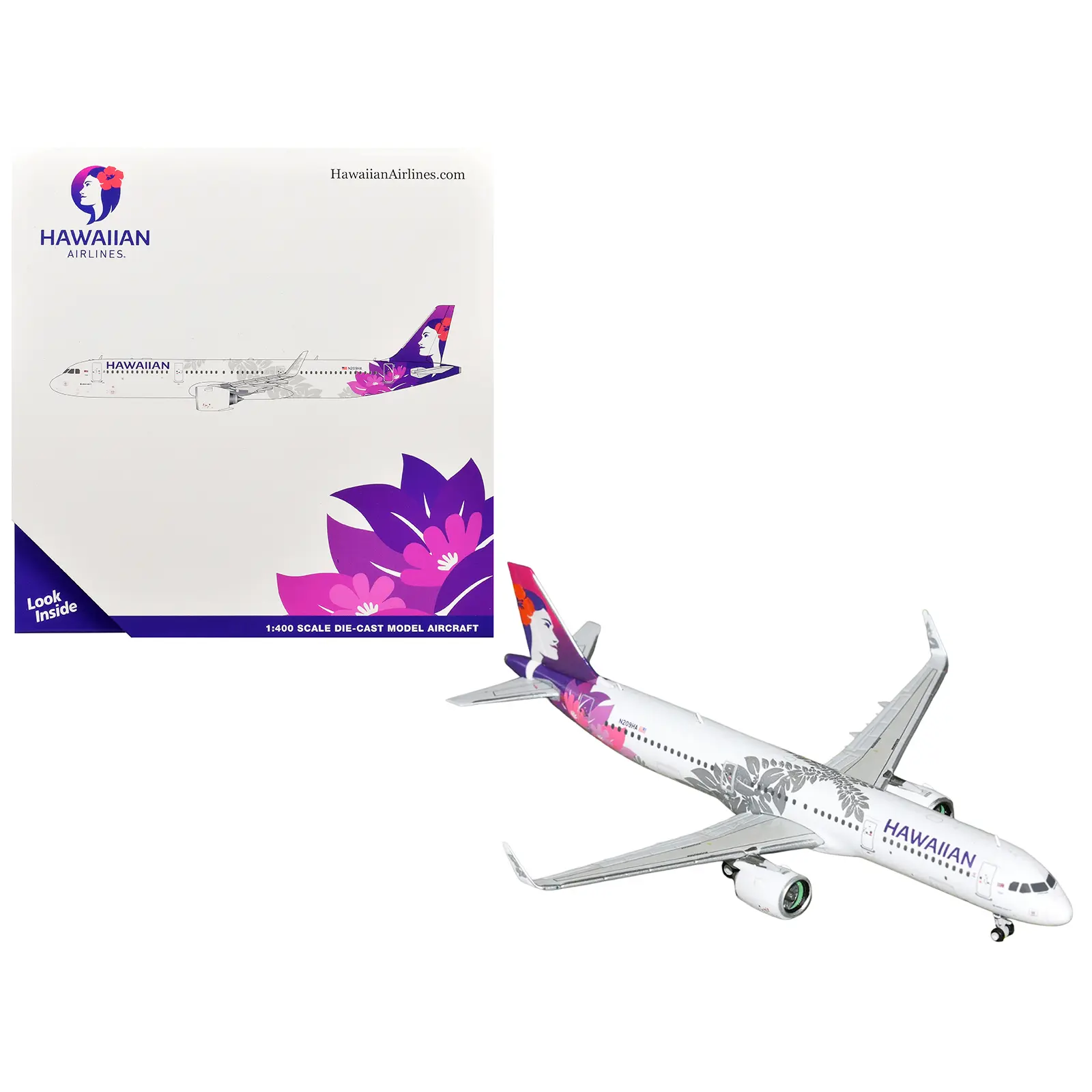 Airbus A321neo Commercial Aircraft "Hawaiian Airlines" White with Purple Graphics 1/400 Diecast Model Airplane by GeminiJets