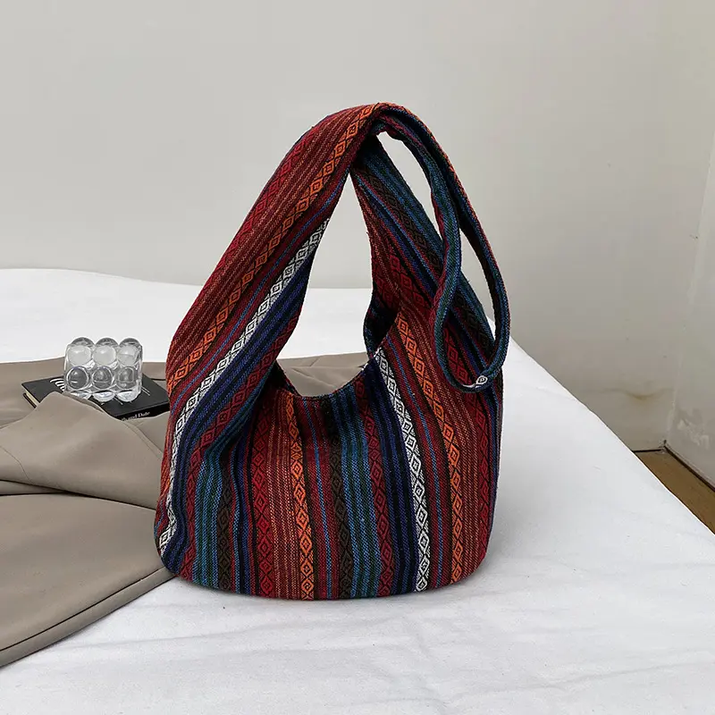 Spring 2026 retro ethnic style embroidered backpack, striped large-capacity canvas bag, multi-purpose crossbody hobo bag
