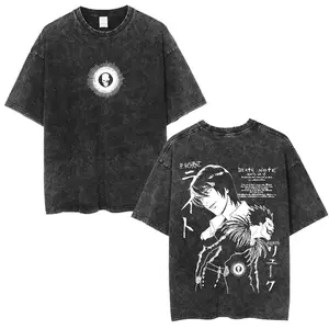 Men's Short-Sleeve Round Neck Cotton T-Shirt - Casual Streetwear, Vintage Washed, Distressed Death Note Anime Ryuk Yagami Light Print, Figure-Flattering Mens Tops (shortsleeve tshirt)