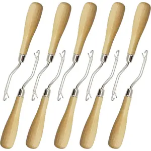 10PCS Wooden Bent Latch Hook Knitting Needle Hook with Wood Handle for Crafts Carpet