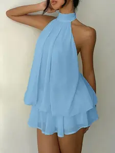 Summer Chiffon Halter Backless Sleeveless Sexy Short Dress, Vacation Style Solid Color Hot Girl Dress, Elegant Loose-Fitting Dress