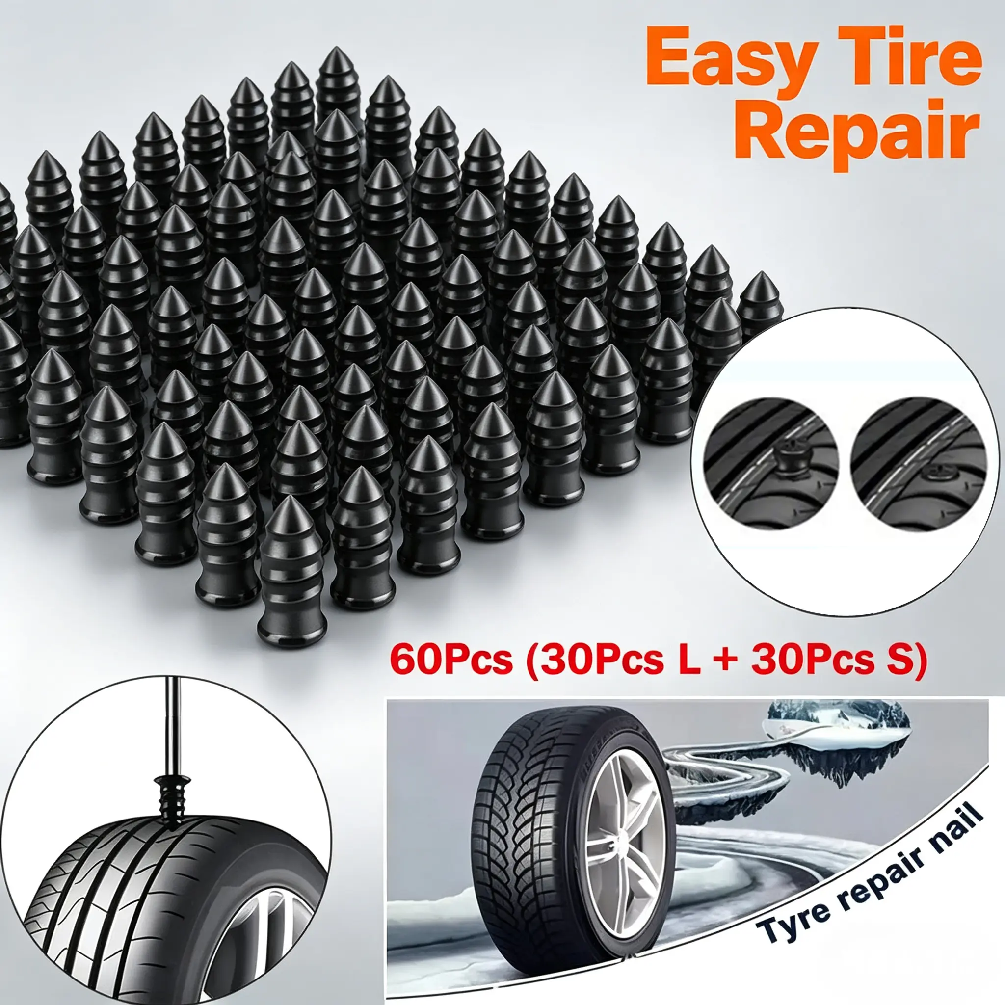 60Pcs Tire Repair Screws Plugs Self-service Tyre Repair Vacuum Rubber Nails Kit for Car Motorcycle Truck Tractor Puncture Fast Repair Supplies