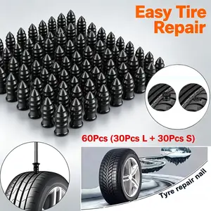 60Pcs Tire Repair Screws Plugs Self-service Tyre Repair Vacuum Rubber Nails Kit for Car Motorcycle Truck Tractor Puncture Fast Repair Supplies