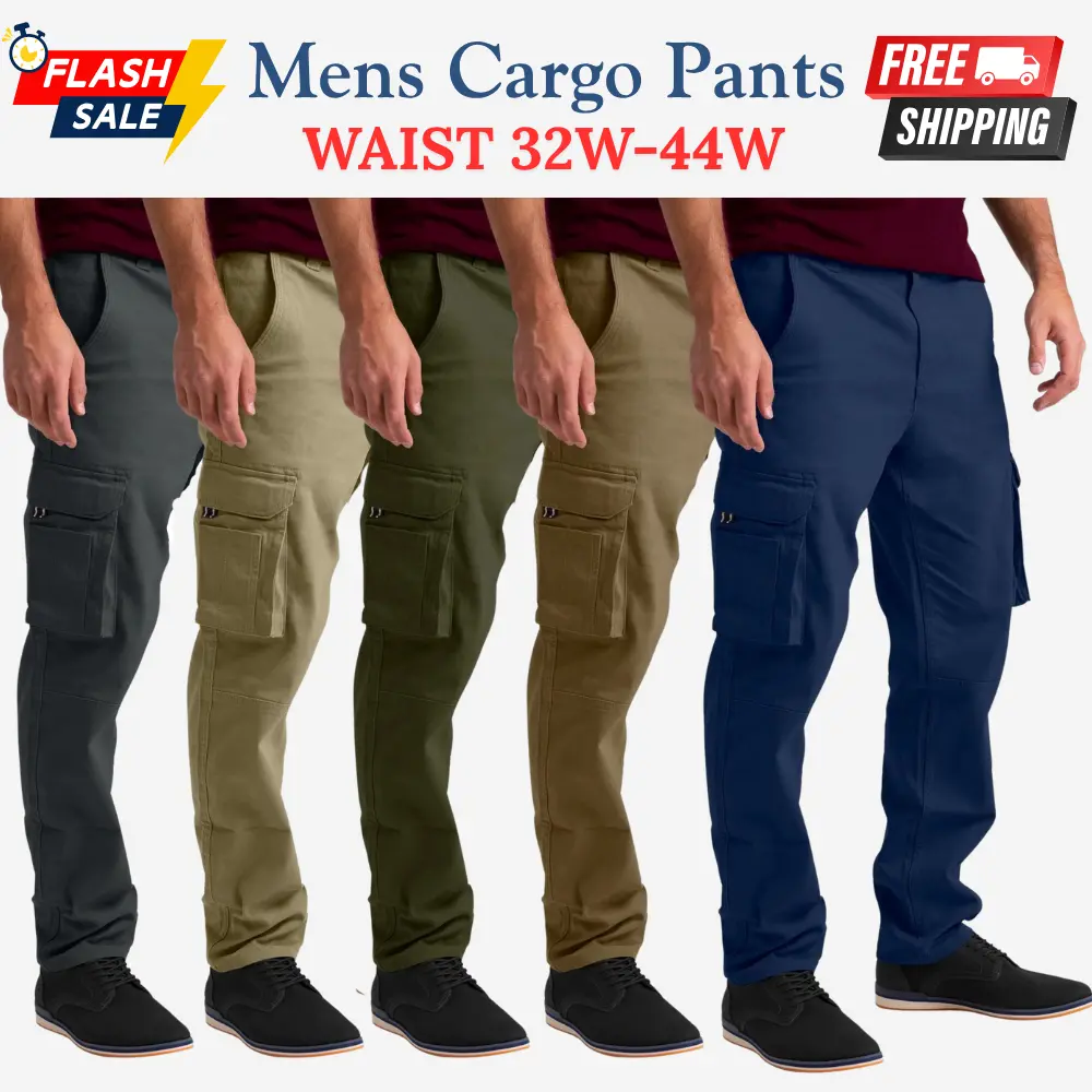 Mens Cargo Pant 100% Cotton Slim-Fit Relaxed Tactical Hiking Heavy Duty Workwear 6 Pockets Outdoor Cargo Works Pants 32W-44W