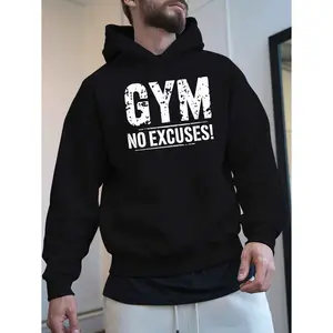 Men's GYM NO EXCUSES Graphic Hoodie - Cotton Blend Long Sleeve Pullover Regular Fit | Soft & Breathable Fabric, Durable Print, Everyday Comfort, Machine Washable, casual sporty indoor fitness