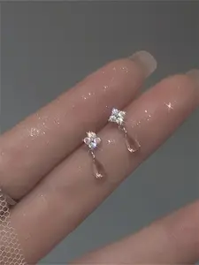 1 Pair Fashionable Delicate Rhinestone Decor Water Drop Trendy Dangle Earrings, Elegant Drop Earrings For Girl For Party