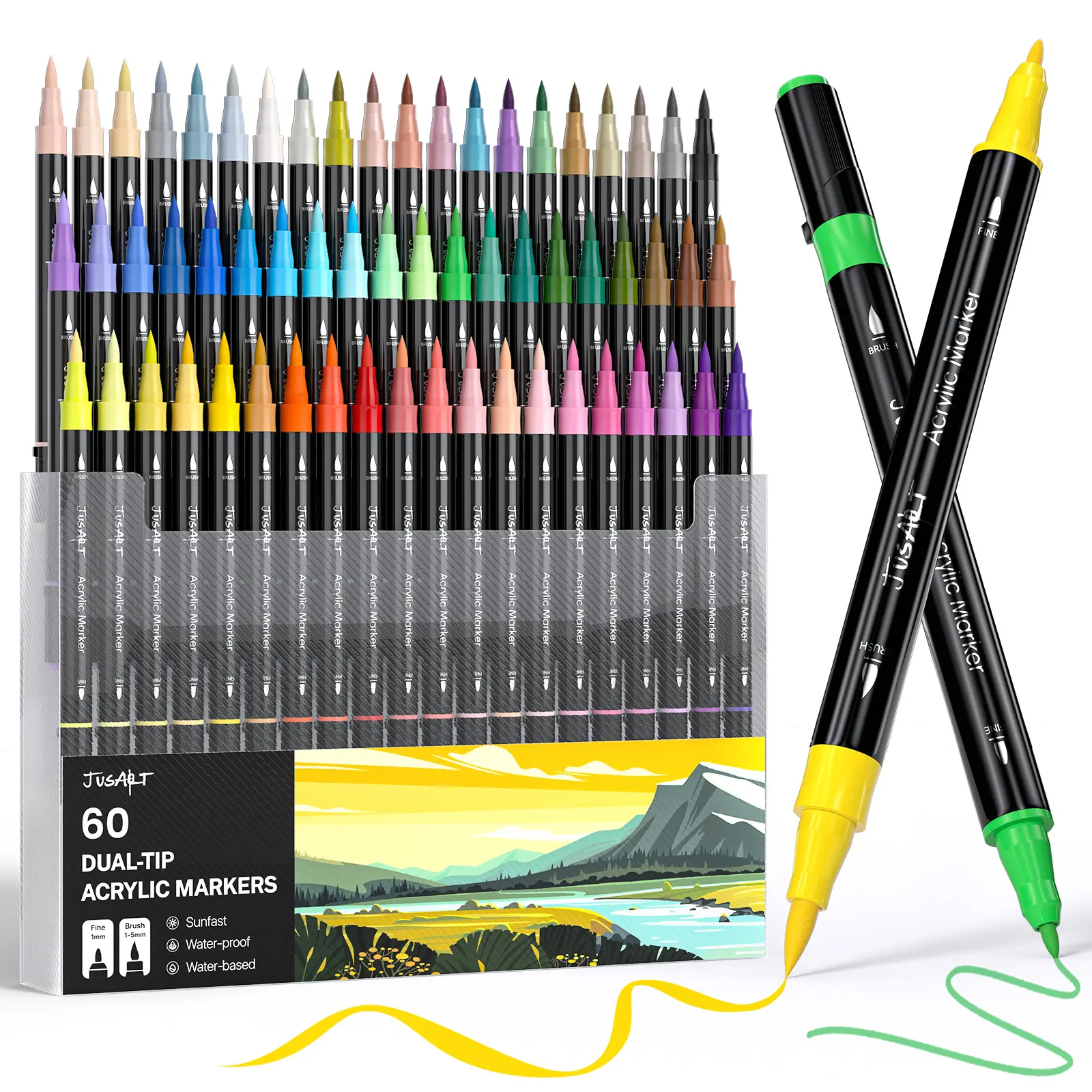 JusArt 60 Colors Dual Tip Acrylic Paint Pens Markers, Brush and Fine Tip, Premium Paint Pens for Wood, Canvas, Egg, Stone, Fabric, Rocks, Metal, Glass, Ceramic, DIY Crafts Making Art Supplies Gifts