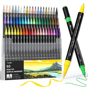 JusArt 60 Colors Dual Tip Acrylic Paint Pens Markers, Brush and Fine Tip, Premium Paint Pens for Wood, Canvas, Egg, Stone, Fabric, Rocks, Metal, Glass, Ceramic, DIY Crafts Making Art Supplies Gifts