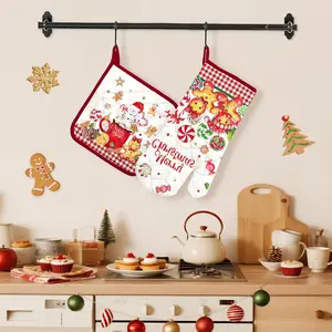 Christmas Gingerbread Oven Mitts and Pot Holders Sets 2Pcs, 100% Cotton Heat Resistant, Extra Long Oven Gloves Potholder for Kitchen Cooking Baking Decoration