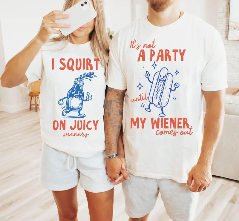 I Squirt On Juicy Funny 4th of July Matching Shirts, Inappropriate Couple Tees, Adult Humor Independence Day Outfits, Graphic T-Shirts