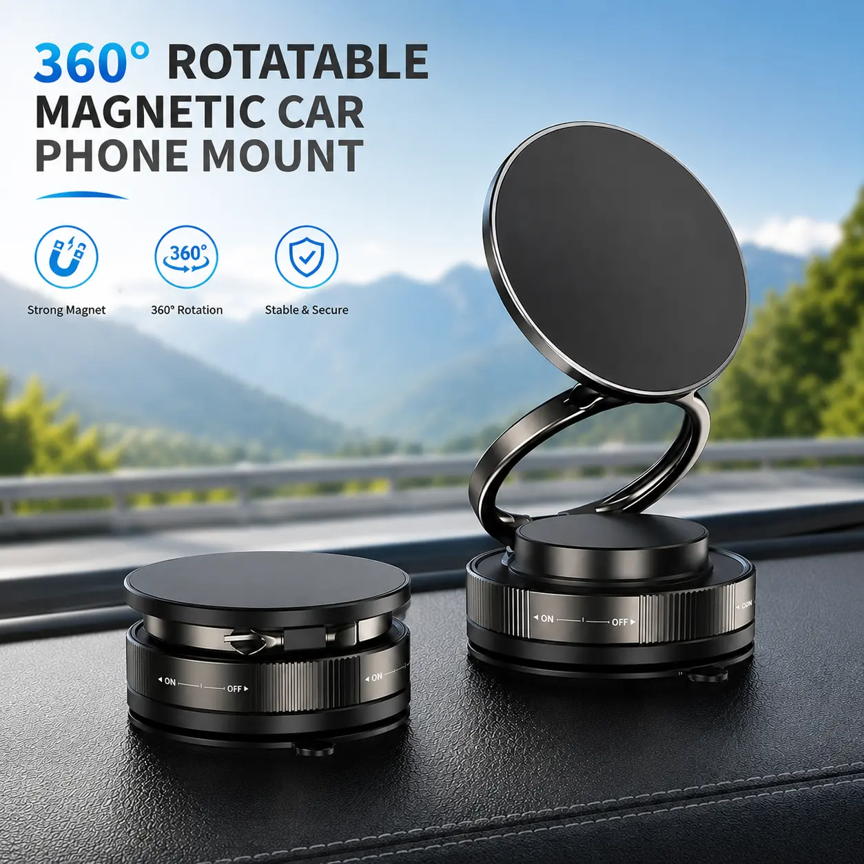 Vacuum Magnetic Car Phone Holder 360° Adjustable Foldable Portable Magnetic Phone Holder for Car for Car/Gym/Mirror/Smooth Surface Suction Cup Phone Mount Compatible for All Smartphones (Black) Bathroom Shelving Unit