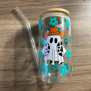 Cowgirl Ghostie Beer Can Glass with Bamboo Lid and Glass Straw