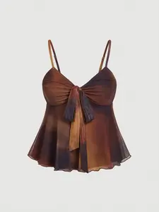 Plus Size Women's Tie Dye Spaghetti Strap Top | Sexy Tie Front Bohemian Style Cami - Flowy Summer Vacation Tank for Curvy Women