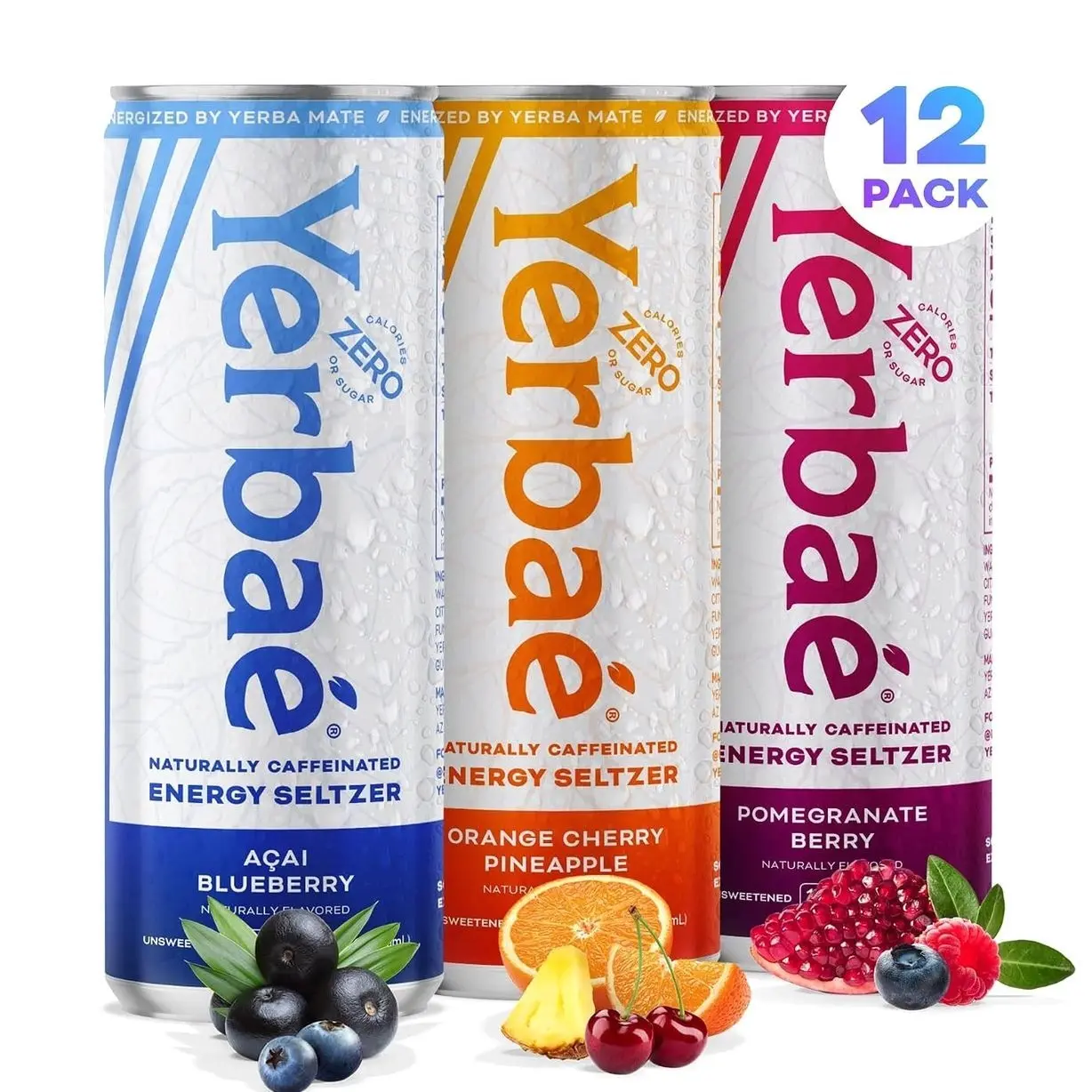 Yerbaé Energy Seltzer - Variety Performance Pack. No Sugar/Calories/Carbs. Energized by Yerba Mate Naturally Caffeinated Plant-Based, Healthy Alternative to Coffee/Sugary Sodas, Pack of 12, 12oz cans
