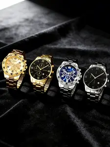 4-Pack Neutral Minimalist Fashion Analog Quartz Watches, Zinc Alloy Case, Stainless Steel Band, Ideal Gift for Holidays
